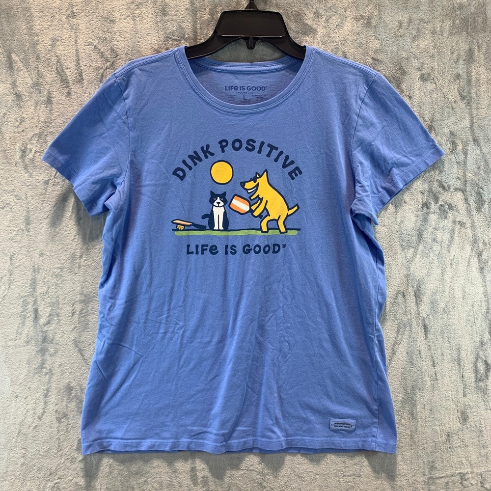 Life is Good Womens Blue Dink Positive Pickleball Dog Cat Crusher-Lite T-Shirt L